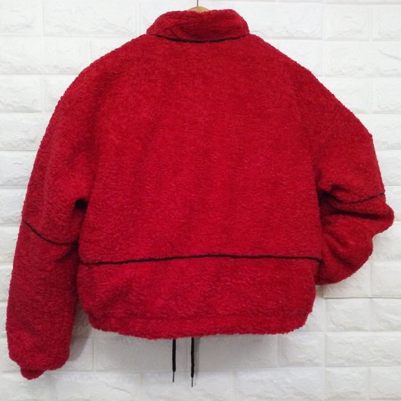 Y2K Cropped Bomber Jacket Pockets Faux-Fur Red - Picture 11 of 13